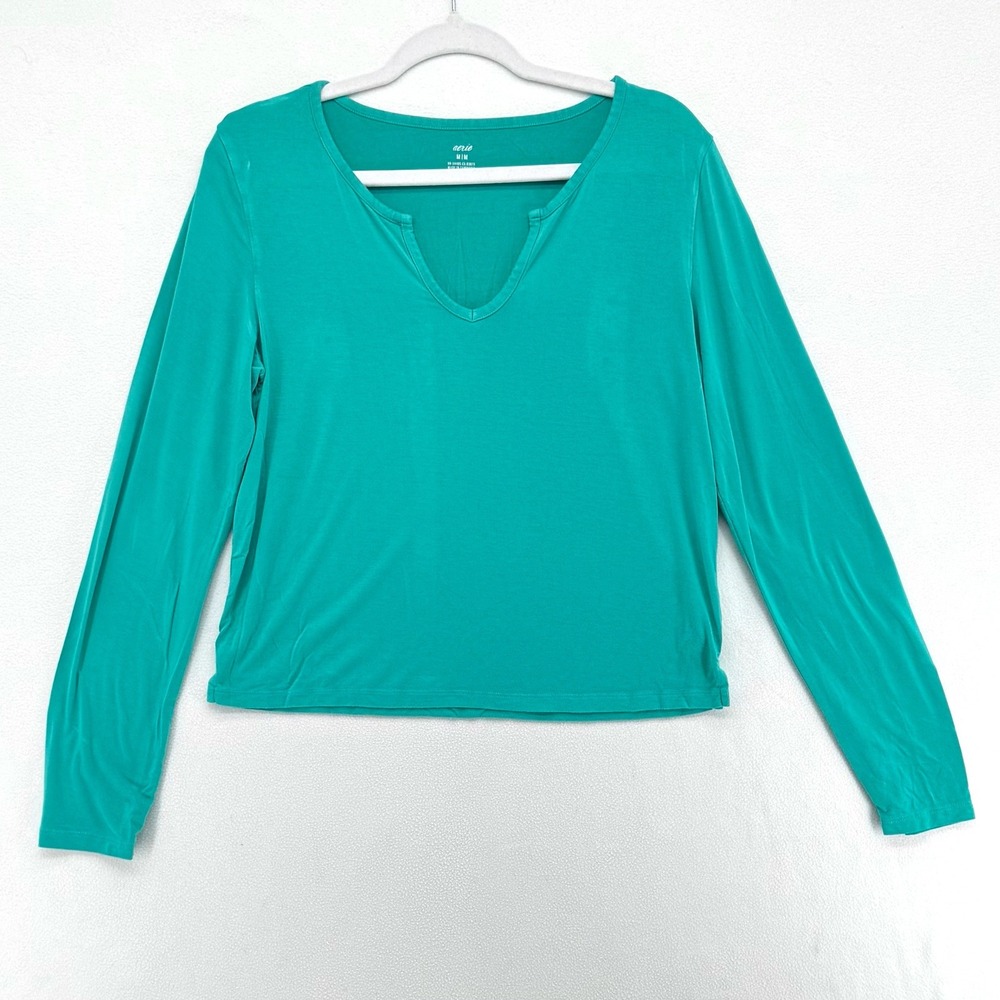 Aerie Long Sleeve Top Womens Medium Teal Green V-Neck Soft Casual Stretch Shirt